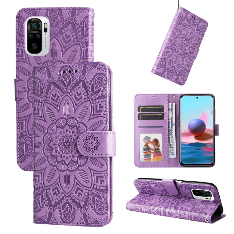 Embossed sunflower leather phone wallet case, purple, card slots and kickstand