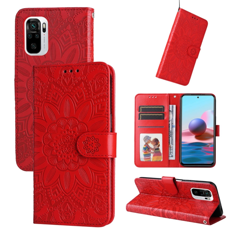 Red embossed sunflower leather phone case with card slots and flip cover