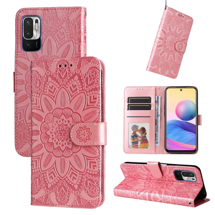 Pink embossed sunflower leather phone case with card slots and folio kickstand