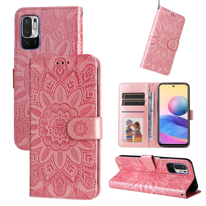 Pink embossed sunflower leather phone case with card slots and folio kickstand
