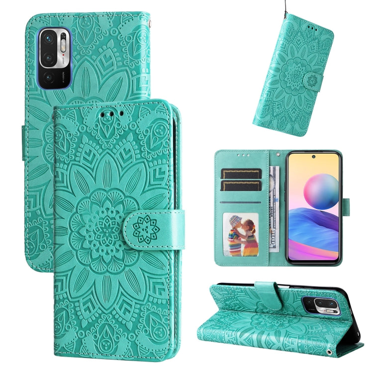 Teal embossed sunflower leather phone case with card slots and magnetic flip cover
