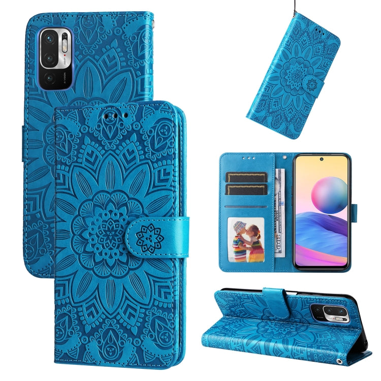 Blue embossed sunflower leather phone case with card slots and flip stand