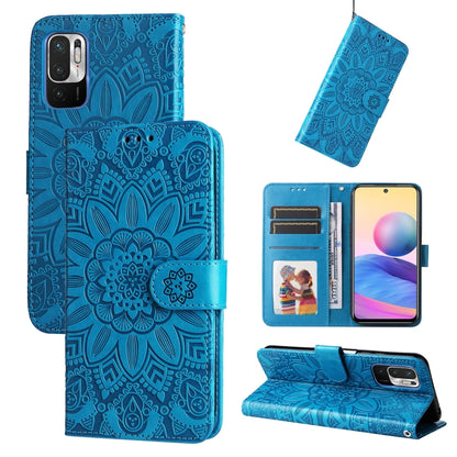 Blue embossed sunflower leather phone case with card slots and flip stand