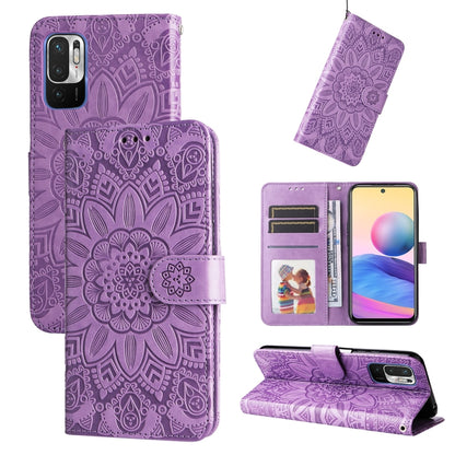 Purple embossed sunflower leather phone case with card slots and folio stand