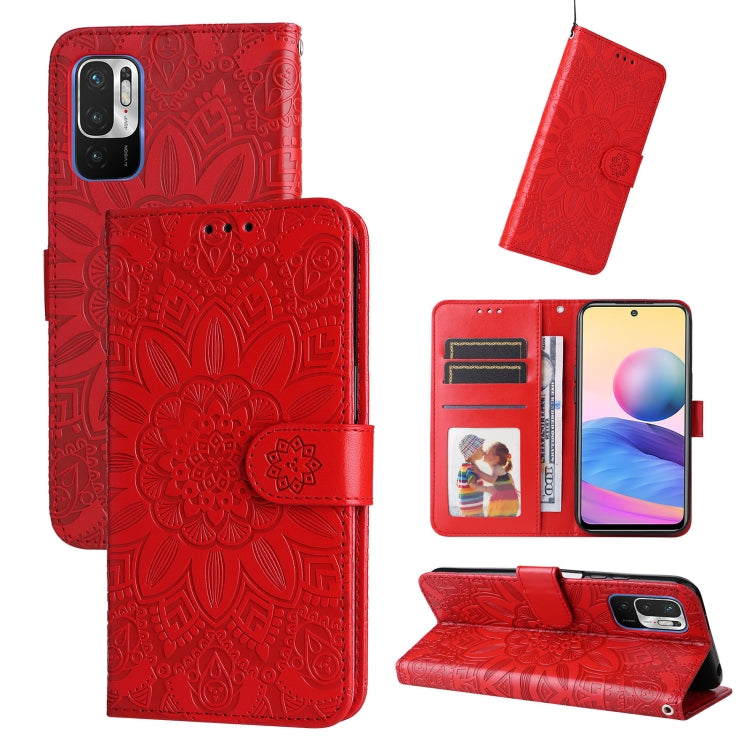 Red embossed sunflower leather phone case with wallet design and camera cutout