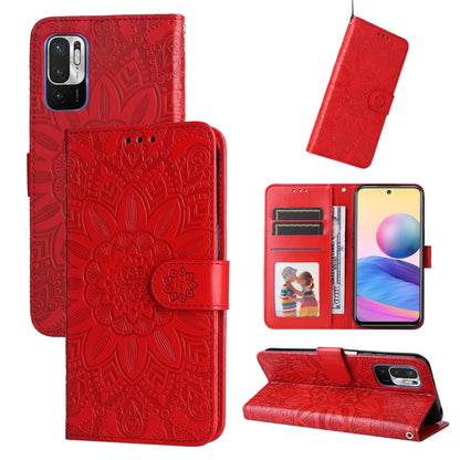 Red embossed sunflower leather phone case with wallet design and camera cutout