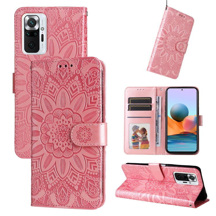 Pink embossed sunflower leather phone case with wallet card slots and kickstand