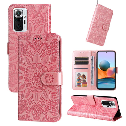 Pink embossed sunflower leather phone case with wallet card slots and kickstand