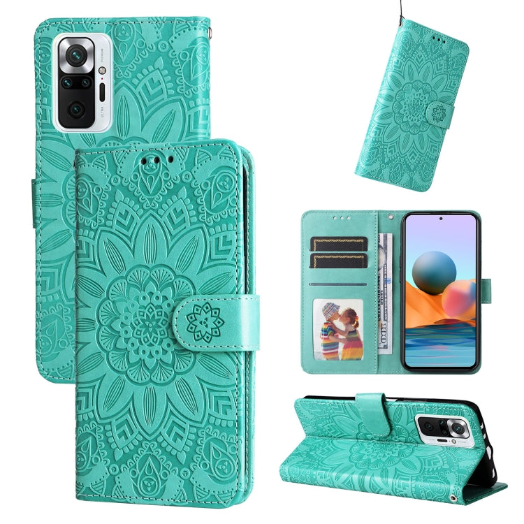 Teal embossed sunflower leather phone case with card slots and flip cover