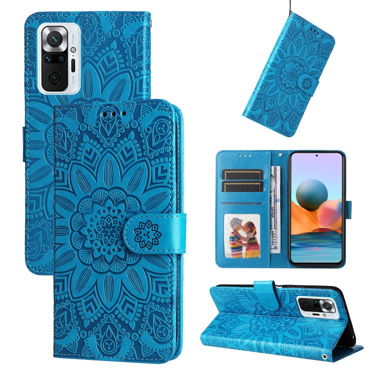 Blue embossed sunflower leather phone case with card slots and camera opening