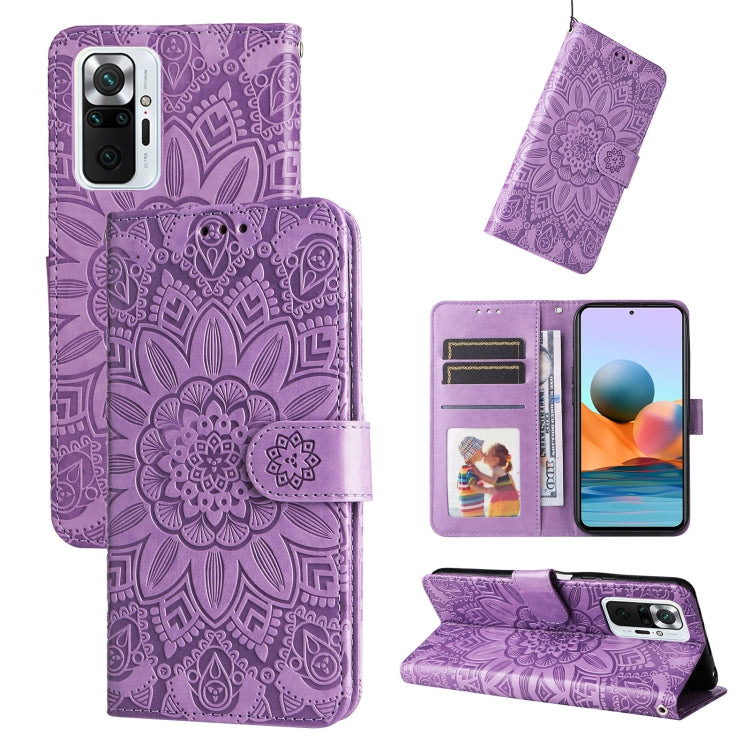 Purple embossed sunflower leather phone case with card slots and folio kickstand
