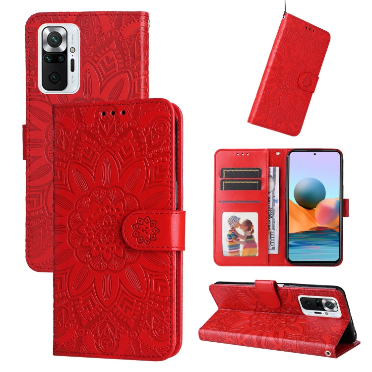 Red embossed sunflower leather-style phone case with card slots and kickstand