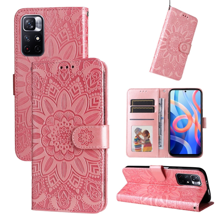 Pink embossed sunflower leather-style phone case with card slots and kickstand