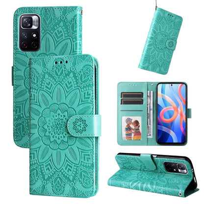 Green embossed sunflower leather-style phone case with card slots and kickstand