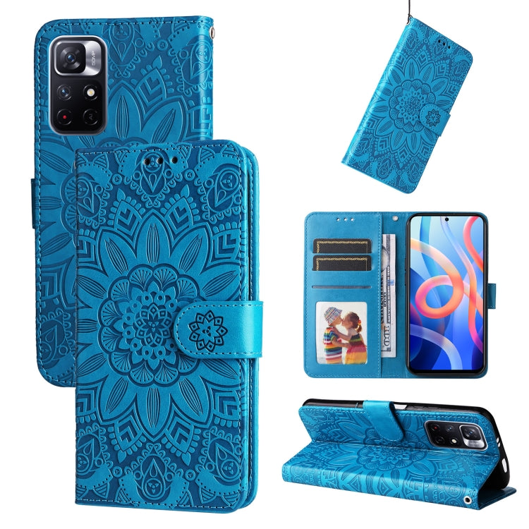 Blue embossed sunflower leather-style phone case with card slots and kickstand