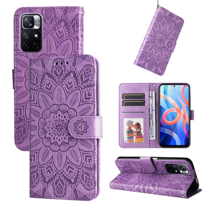 Purple embossed sunflower leather-style phone case with card slots and kickstand