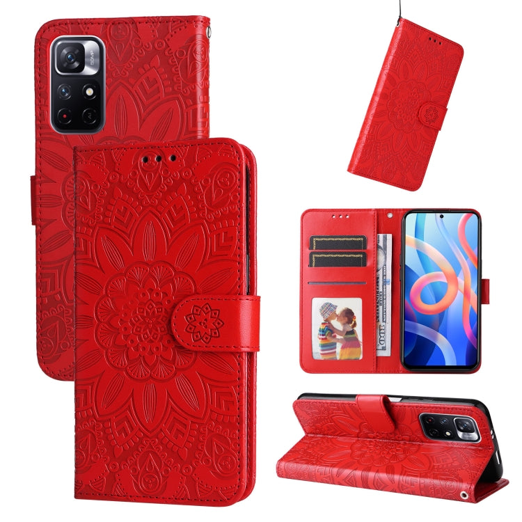 Red embossed sunflower leather-style phone case with card slots and kickstand