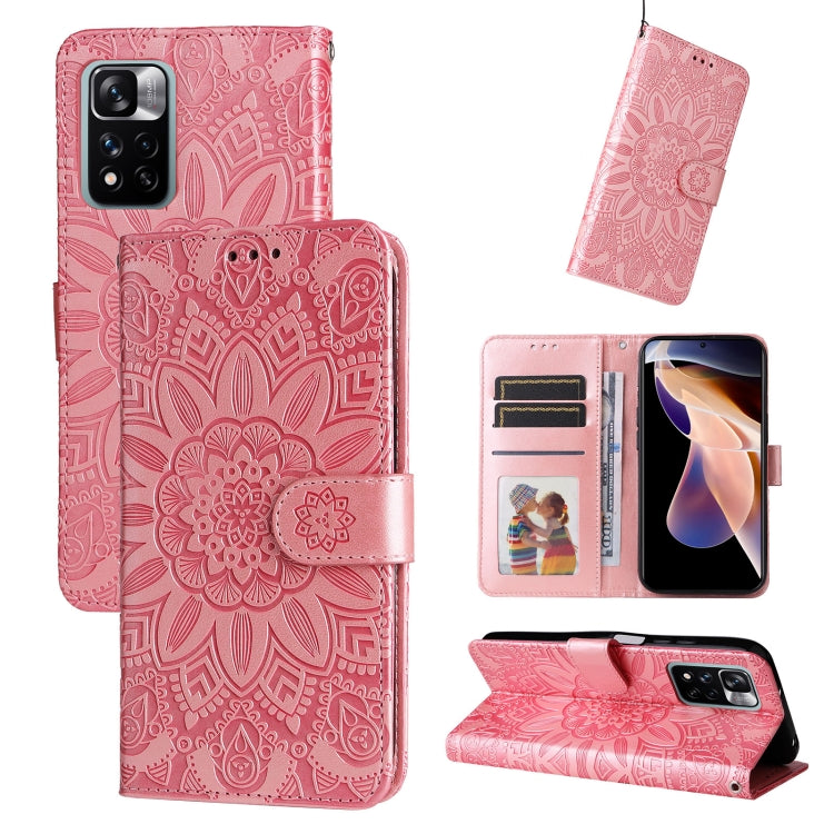 Pink embossed sunflower leather-style phone case with card slots and kickstand