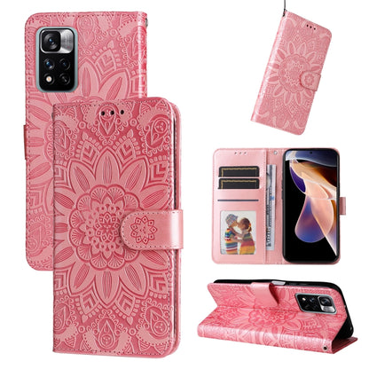 Pink embossed sunflower leather-style phone case with card slots and kickstand