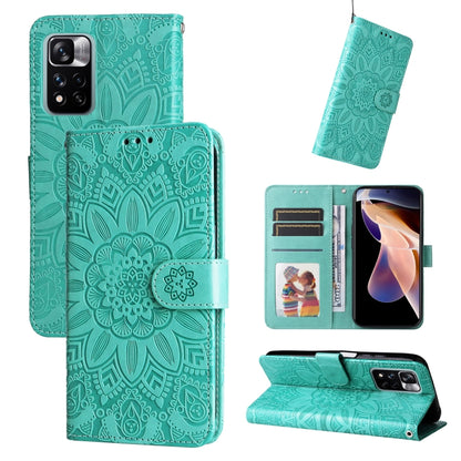 Green embossed sunflower leather-style phone case with card slots and kickstand
