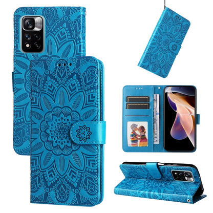 Blue embossed sunflower leather-style phone case with card slots and kickstand