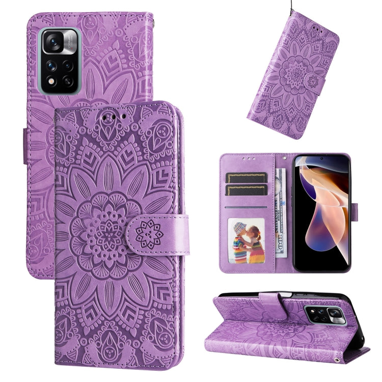 Purple embossed sunflower leather-style phone case with card slots and kickstand