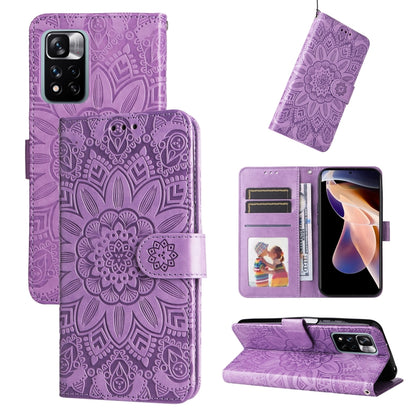 Purple embossed sunflower leather-style phone case with card slots and kickstand