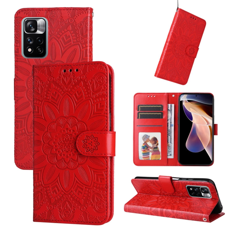 Red embossed sunflower leather folio phone case with card slots and kickstand