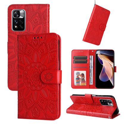 Red embossed sunflower leather folio phone case with card slots and kickstand
