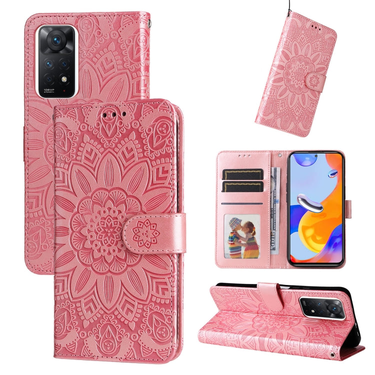 Pink embossed sunflower leather folio phone case with card slots and kickstand