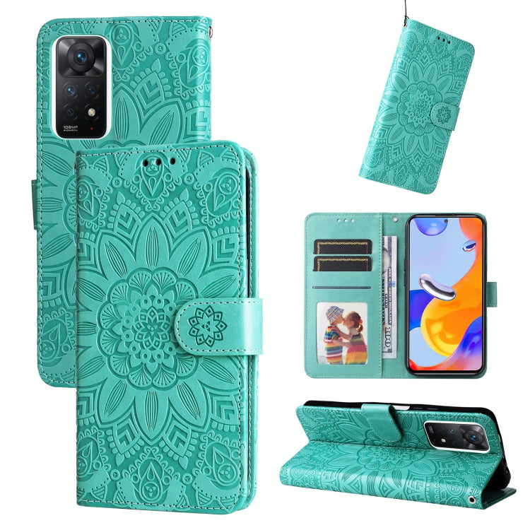 Green embossed sunflower leather folio phone case with card slots and kickstand
