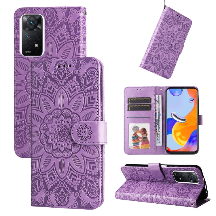 Purple embossed sunflower leather folio phone case with card slots and kickstand