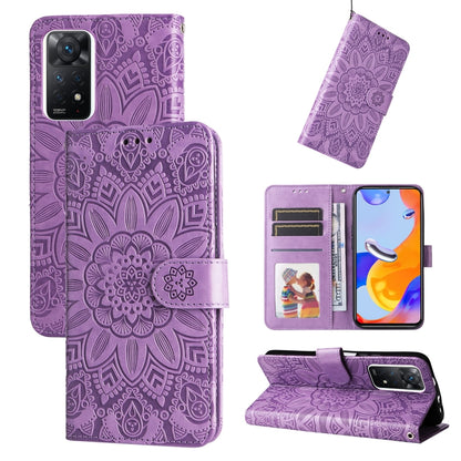 Purple embossed sunflower leather folio phone case with card slots and kickstand