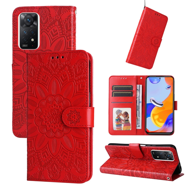 Red embossed sunflower leather folio phone case with magnetic flap and kickstand