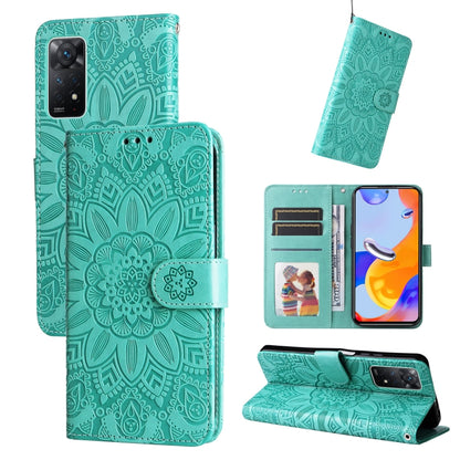Green embossed sunflower leather folio phone case with magnetic flap and kickstand