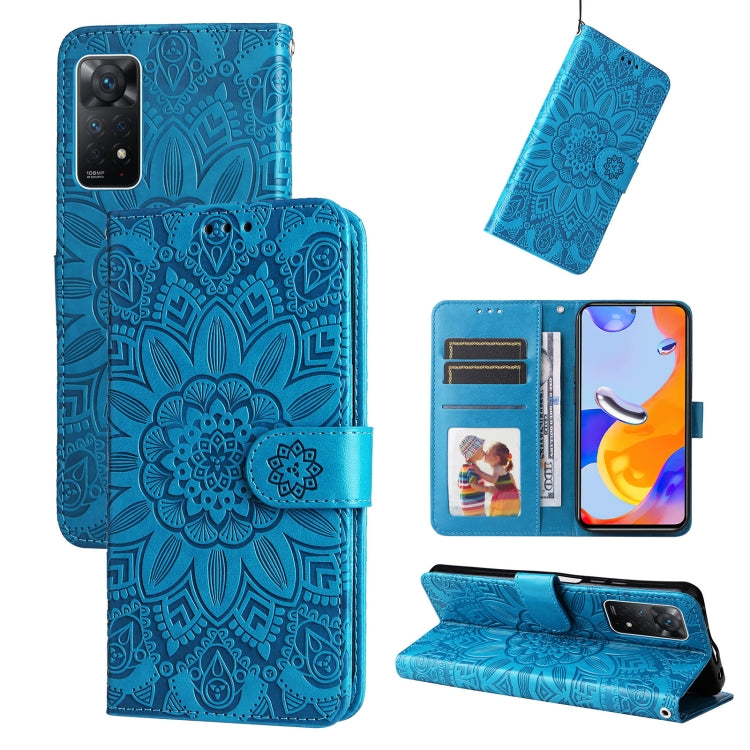 Blue embossed sunflower leather folio phone case with magnetic flap and kickstand