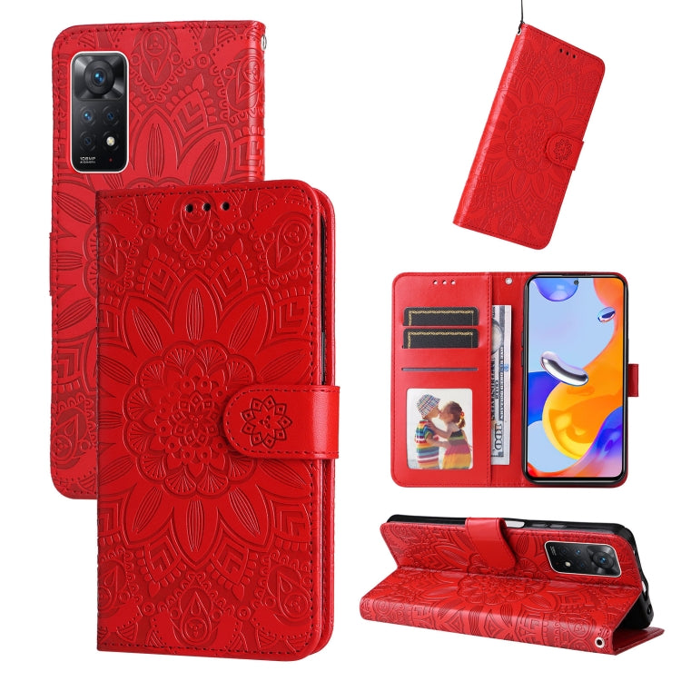 Red embossed sunflower leather phone case with folio wallet and side magnetic strap
