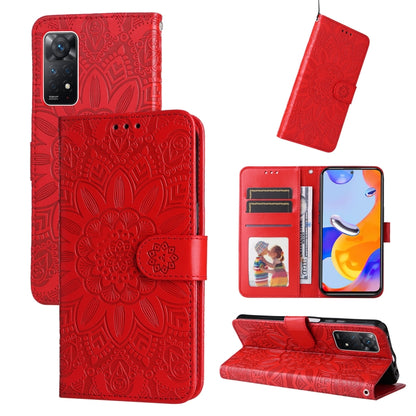 Red embossed sunflower leather phone case with folio wallet and side magnetic strap
