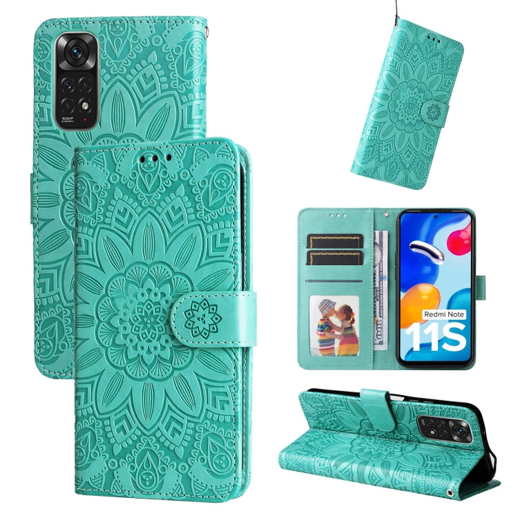 Green embossed sunflower leather phone case with folio wallet and side magnetic strap
