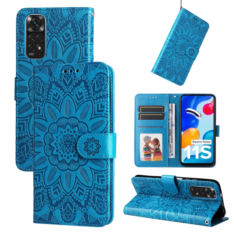 Blue embossed sunflower leather phone case with folio wallet and side magnetic strap
