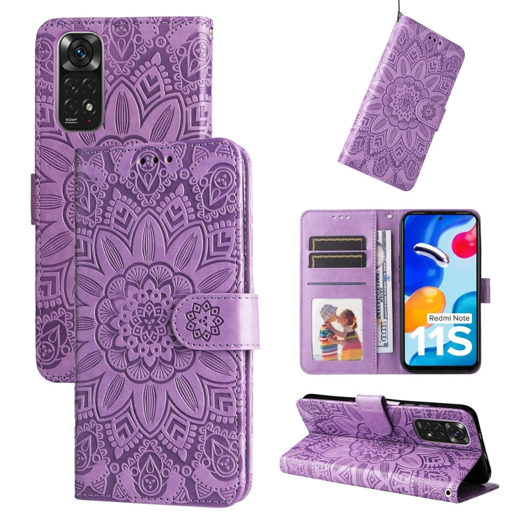 Purple embossed sunflower leather phone case with folio wallet and side magnetic strap