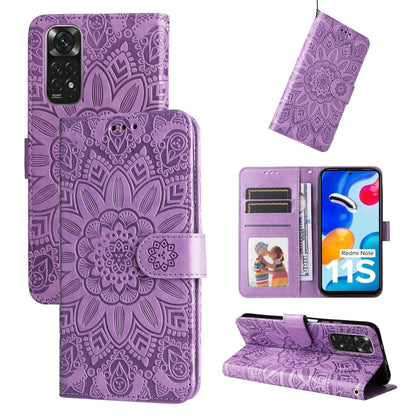 Purple embossed sunflower leather phone case with folio wallet and side magnetic strap