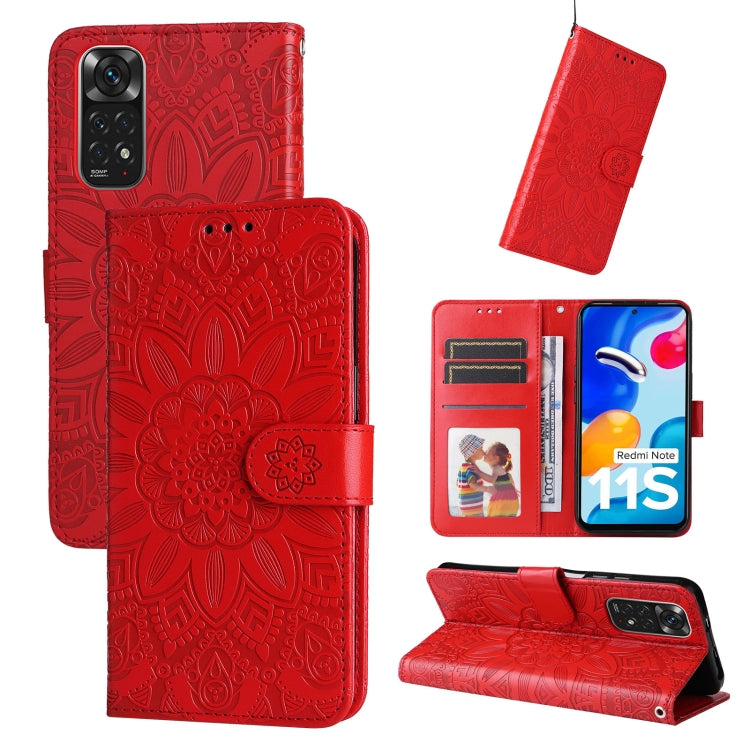 Red embossed sunflower leather phone case with card slots and kickstand folio