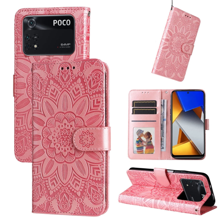 Pink embossed sunflower leather phone case with card slots and kickstand folio