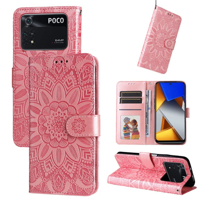 Pink embossed sunflower leather phone case with card slots and kickstand folio