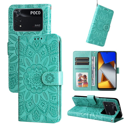Green embossed sunflower leather phone case with card slots and kickstand folio