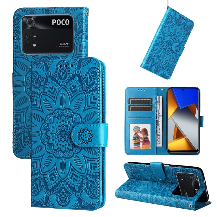 Blue embossed sunflower leather phone case with card slots and kickstand folio