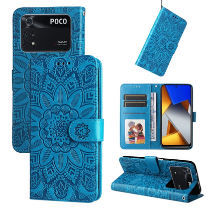 Blue embossed sunflower leather phone case with card slots and kickstand folio