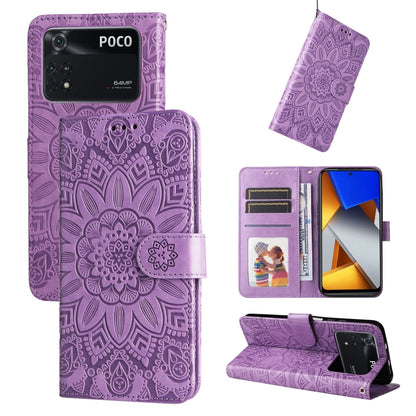 Purple embossed sunflower leather phone case with card slots and kickstand folio