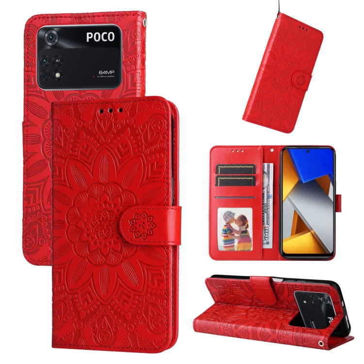 Embossed sunflower leather phone case, red folio with card slots and stand